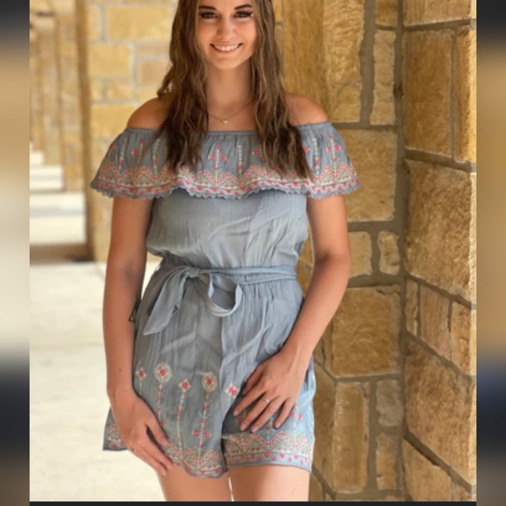 Savanna Jane off the shoulder Romper Blue Shimmer mettalic Floral Embroidered S